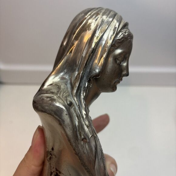 Antique Silver Plated Madonna SC De Maria Bust  Religious Statue About 7” H - Picture 8 of 11